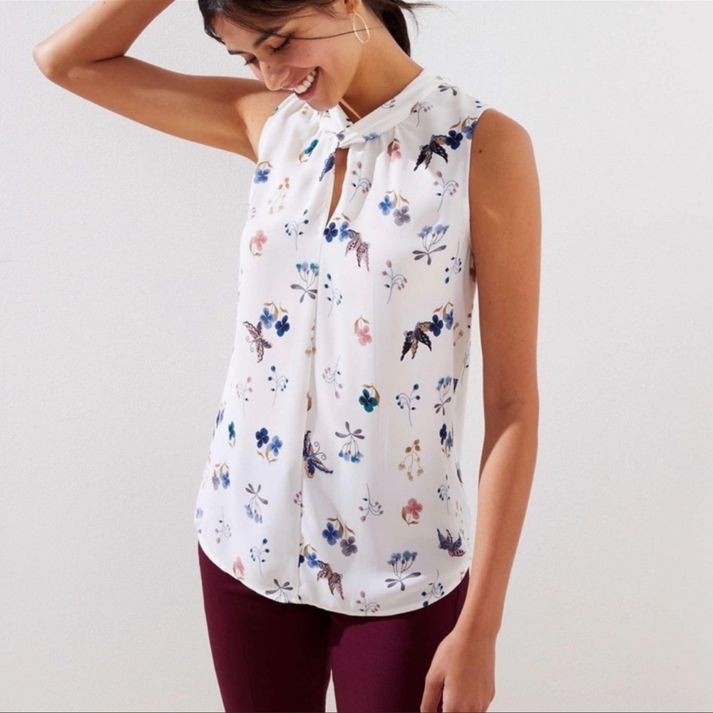 LOFT Butterfly Mixed Media Twist Keyhole Blouse, Size M, Whisper White NWT 🏷🏷